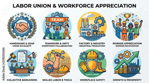 Labor union and workforce appreciation icon set featuring industrial workers safety gear teamwork with displays collection colorful circular illustrations representing labor unions
