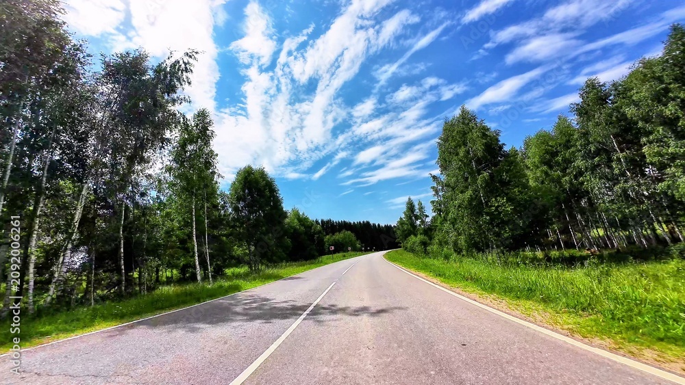 Naklejka premium Curved asphalt road surrounded by lush green trees under a blue sky with scattered clouds
