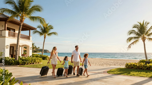 Family vacation beach resort summer travel tropical holiday happy parents smiling children ocean view luxury hotel family togetherness sunset light joyful family walks with luggage along seaside