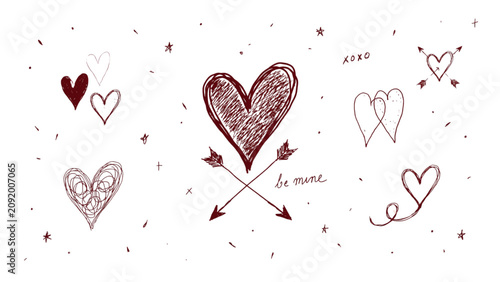 Bild auf Leinwand Hand-drawn romantic hearts and love symbols illustration with doodle style Vecto
