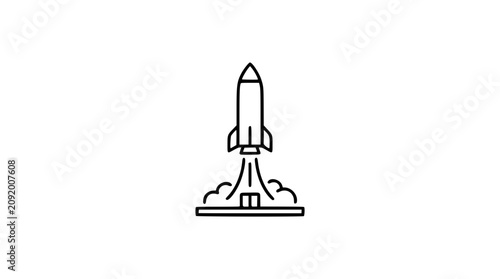 Minimal rocket launch vector icon with bold clean outline, smoke clouds, exhaust trails, and launch pad base, hand-traced space travel illustration for missions, startups, and scalable graphics