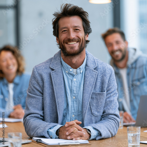 Warm smile radiates from a cheerful man at a meeting table. Hands clasped, he sits confidently during a collaborative discussion. Colleagues smile in the background, sharing a positive atmosphere