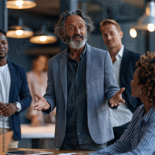 Man speaks passionately in a modern office. Colleagues listen intently, engaged by his energy. Warm lighting enhances the collaborative atmosphere. Ideal for business meetings, team discussions
