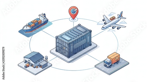 Isometric Global Transportation and Supply Chain Management Concept with Shipping Container and Freight