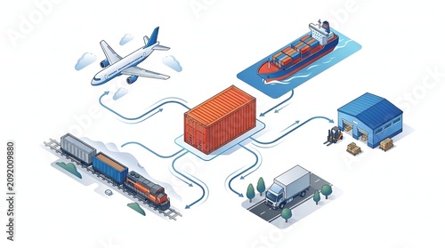 Isometric Global Logistics and Supply Chain Management Network with Cargo Plane Ship Truck and Train