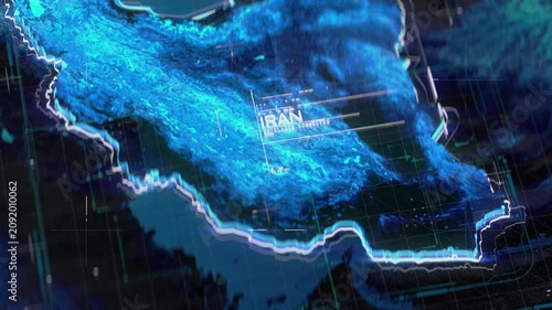 Digital map of Iran with HUD interface, topographic relief, modern technology