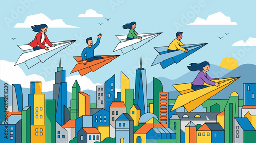 Fotografie Joyful diverse people riding colorful paper airplanes soaring high above a vibra