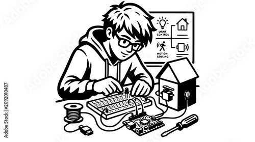 Foto Boy Inventor Building Smart Home Device with Breadboard and Microcontroller