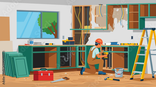Professional contractor drilling cabinets during kitchen remodeling project with vibrant green cupboards, construction tools, yellow ladder, exposed plumbing, and hardwood floring renovation