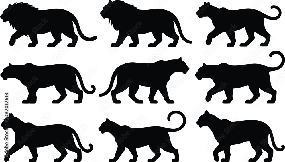 Obraz premium Nine black silhouette lion and lioness figures in various poses