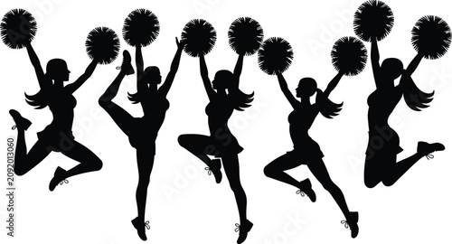 Foto Cheerleaders silhouette group jumping with pom poms dynamic sports illustration