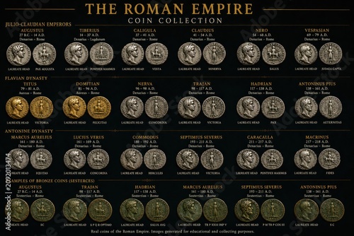 Roman Empire Coin Collection Poster Featuring Imperial Coins from Augustus to Antoninus Pius