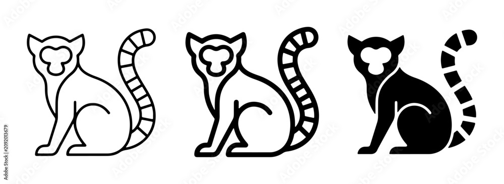 Fototapeta premium Lemur Icons Set: Outline, Filled Outline, and Solid Black Vector Graphics for Wildlife and Primate Themes