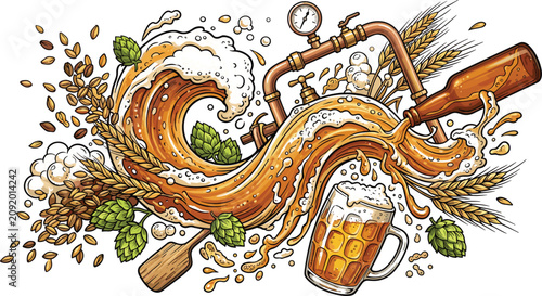 Craft Beer Brewing Vector Illustration Featuring Dynamic Liquid Wave Foam Bottle Pouring Mug Hops Barley and Industrial Brewery Copper Pipes (21 words)