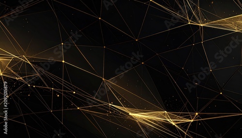 Abstract Golden Network Background with Glowing Particles and Lines on Black