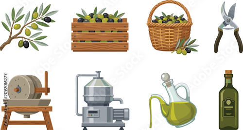Photos Olive Oil Production Vector Icon Set Featuring Fresh Branch Wooden Crate Wicker