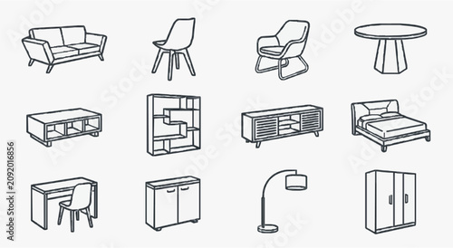 Bild auf Leinwand Creative Black and White Line Drawing Set of Modern Minimalist Furniture Icons f
