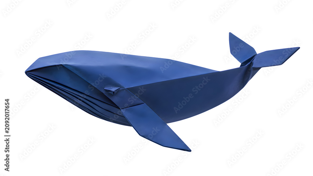 Obraz premium Origami Whale with Curved Deep Blue Paper Body Isolated Transparent PNG