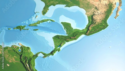 Central America and Caribbean from Space: Topographic Map View