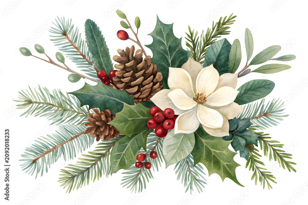 Obraz premium Christmas Botanical Arrangement: A festive watercolor composition featuring evergreen branches, holly leaves, pinecones, and a delicate magnolia flower, evoking the spirit of the holiday season.