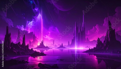 Surreal alien landscape with glowing neon purple towers and mystical atmosphere.