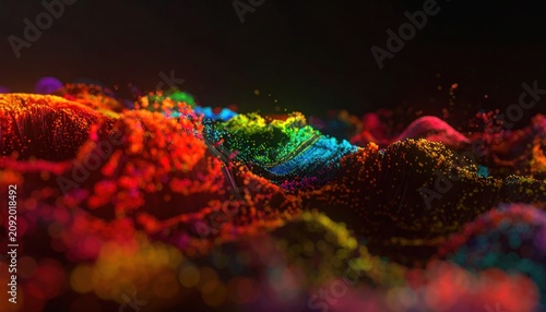 Abstract Colorful Particles Flowing, Dynamic Light Waves, Dark Background