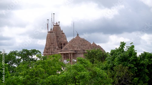 Wide view with green tree tops of the Jain Temple at Manuabhan Tekri Bhopal Madhya Pradesh