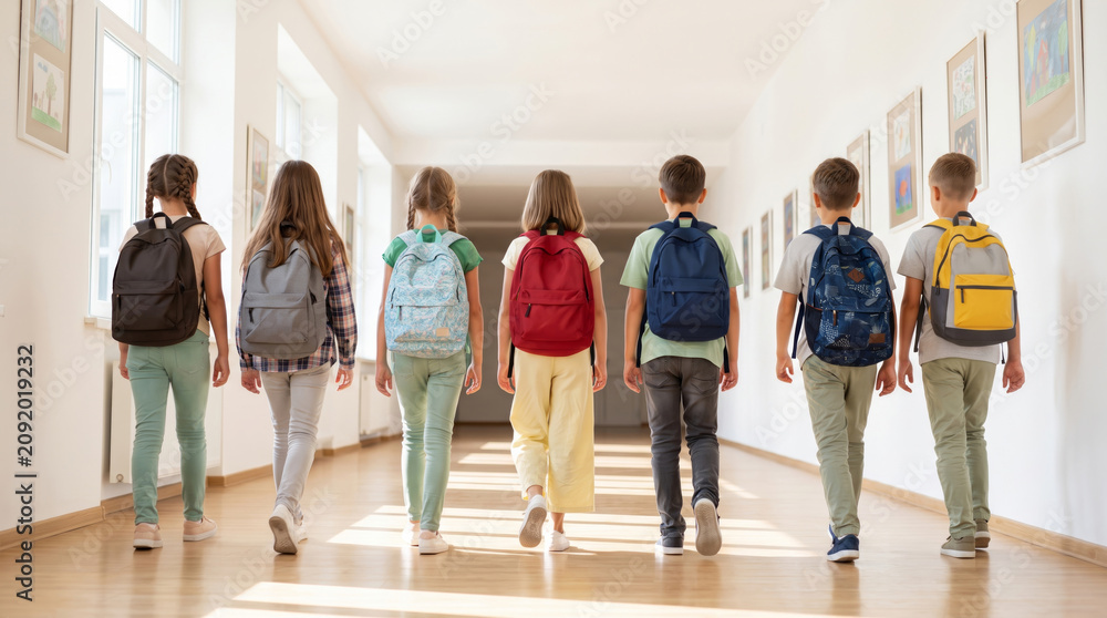 Fototapeta premium Class first day back to school hallway walk kid pastel backpack group happy return. 1st day school education. happy children student classroom, childhood friendship study learning