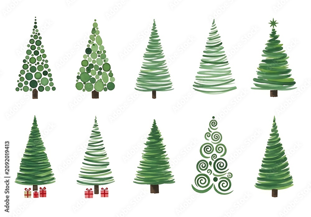 Obraz premium Watercolor christmas tree collection diverse evergreen designs for holiday decorations and seasonal graphics