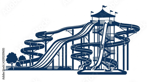 Tableau sur toile Water park slider silhouette with multiple slides and splash pool icon design