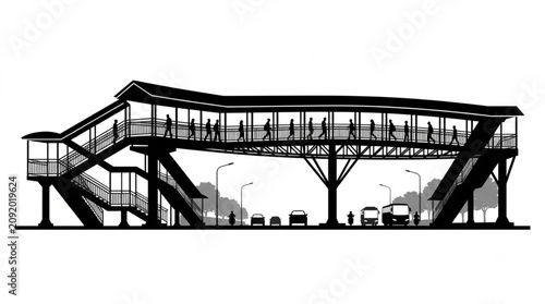 Obraz na płótnie Pedestrian overpass bridge silhouette with people walking and city traffic on ro