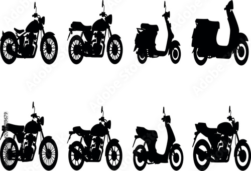 Set of motorcycle and scooter icons black silhouette vector illustrations for urban transport and shipping