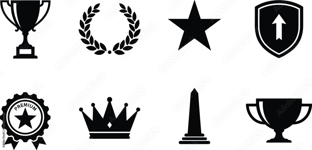 Fototapeta premium Achievement Trophy and Award Icon Set Black Silhouette Collection for Recognition and Success