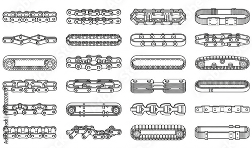Photos Industrial Linked Chain Belt Vector Set with Mechanical Connector Strip Engineer