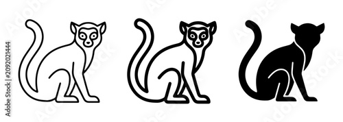 Photography Lemur Icons Set, Primate Silhouette and Outline Graphics, Wildlife Vector Art fo