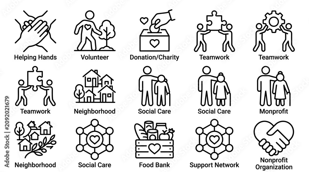 Fototapeta premium Icons representing social responsibility, community support, and charitable giving through teamwork and aid