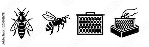Fotografía Set of Minimalist Black and White Apiary Icons Featuring Honeybees and Beekeepin