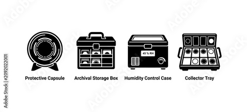 Professional Archival Storage and Preservation Equipment Icon Set for Rare Item Collecting
