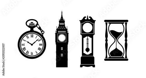 Set of Vintage Timekeeping Devices Featuring Pocket Watch Tower Clock Grandfather Clock and Hourglass Silhouette Designs