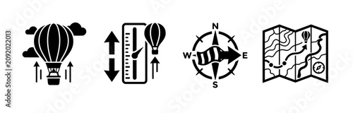 Set of adventure travel icons featuring hot air balloon flight navigation compass and topographic trail map for journey planning