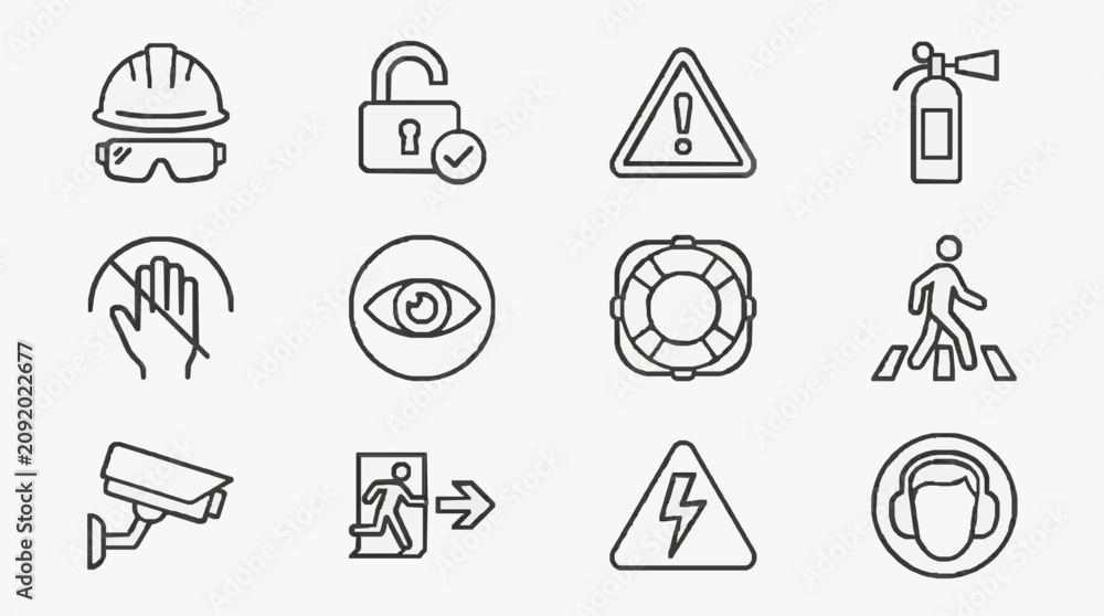 Obraz premium Creative Black and White Line Icons Set Featuring Safety Security and Emergency Symbols for Design Projects