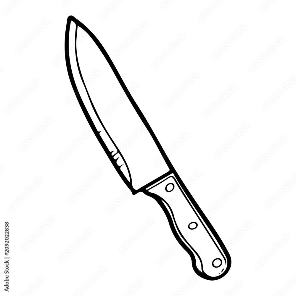 Obraz premium Large chef knife. Hand drawn vector sketch. Cooking tool. Kitchen utensil for cutting food. Illustration line art graphic.