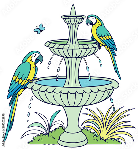 Parrots and fountains on white background