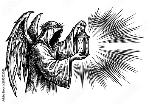 Canvastavla Vintage Fallen Angel Lucifer Vector Illustration Hand Drawn Winged Demon Devil M