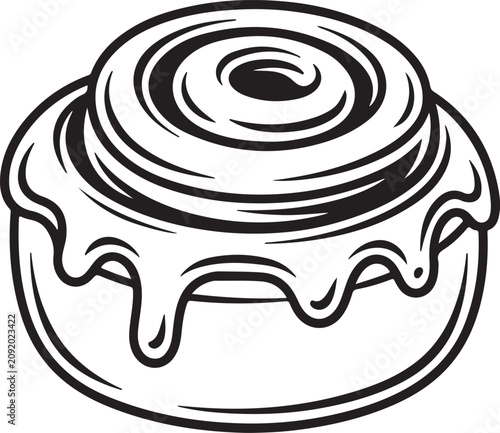 Detailed black and white vector illustration of a sweet frosted cinnamon roll pastry bakery design
