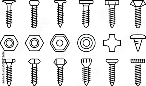 Schilderij op canvas screw bolt nut construction building hardware fastener icon set