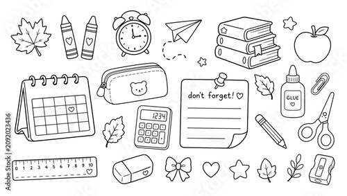 Back to school stationery doodle set. Black and white line art collection of school supplies, educational icons, and office elements. 