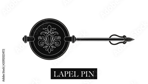 Obraz na plátně Very beautiful black and white realistic vector illustration of a luxury lapel pin featuring engraved emblem details, bold label reading LAPEL PIN, elegant linework, isolated on white background