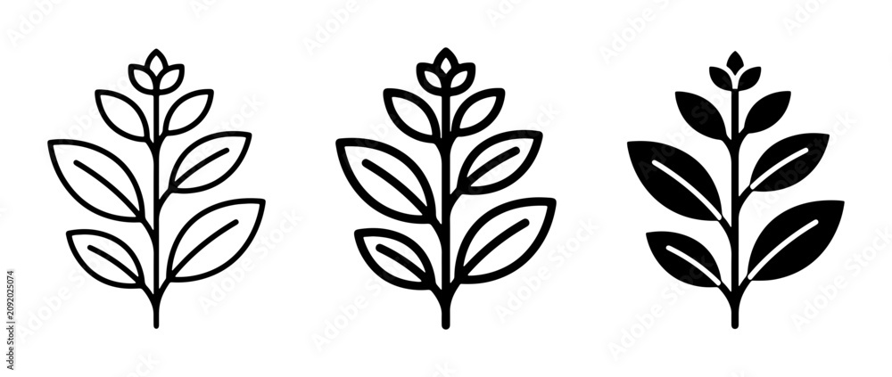 Obraz premium Plant Icons Set, Botanical Branch Vector Graphics, Leaf Outline and Silhouette Styles, Nature Elements for Design