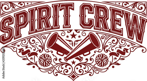 Spirit Crew Cheerleading Squad Vintage Ornate Logo with Crossed Megaphones Pom Poms Stars and Floral Swirl Design Dark Red Vector Illustration